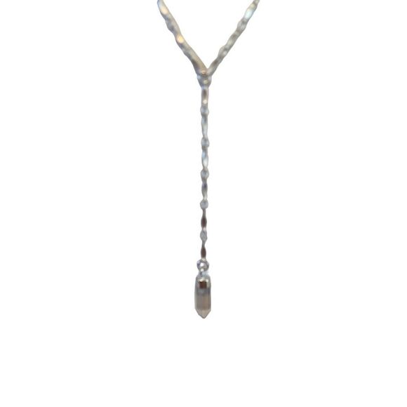 Silver Toned Y Necklace w/Crystal Pendant on Beautiful Delicate Chain. - Picture 4 of 5